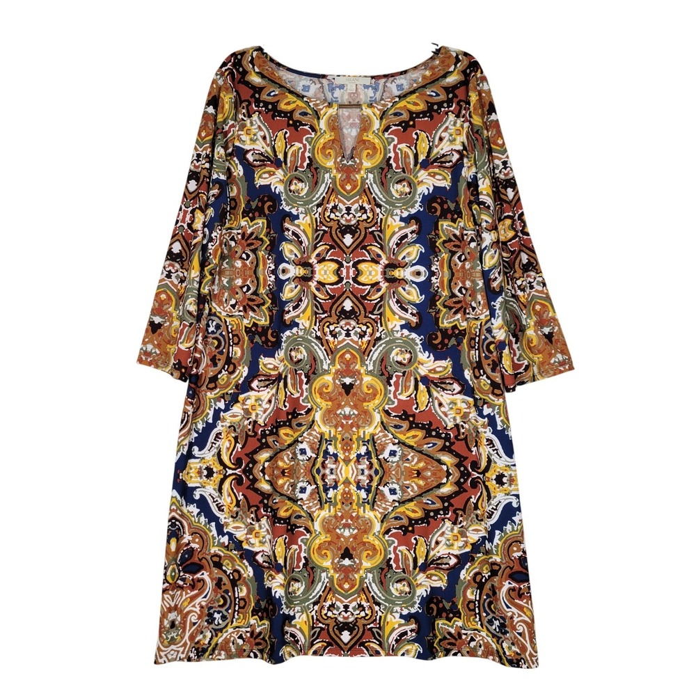 Haani Paisley Dress Womens 2X Multicolor Split Neck Gold Hardware 3/4 Sleeve